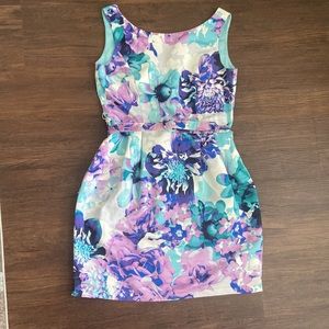 ELIZA J BELTED FLORAL PRINT FAILLE  FIT & FLARE  DRESS size 4